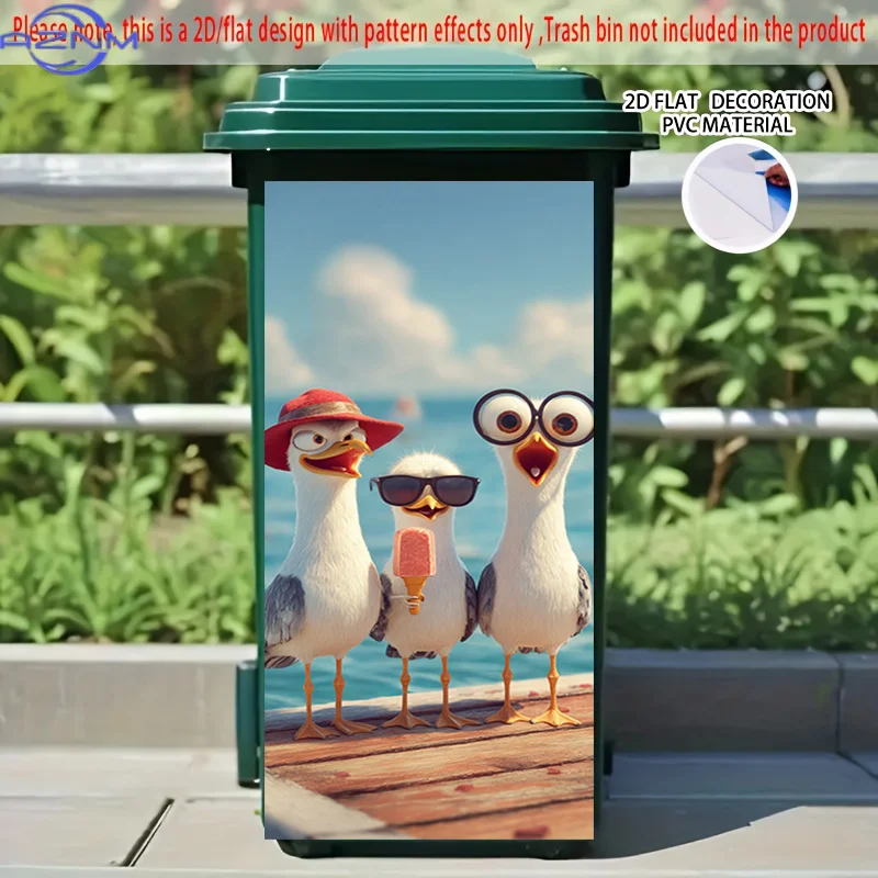2D Flat Printing] 1pc 2D Pattern Printed Kitchen Trash Can Sticker XCm The Three Little Seagulls Theme Kitchen Home Decoration