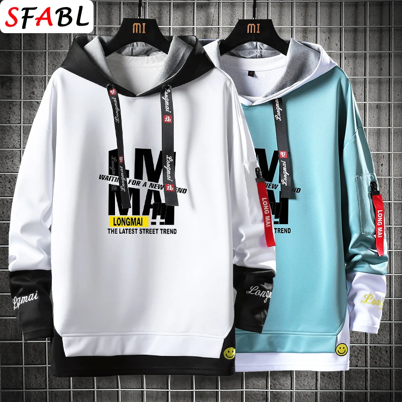 

Youthful Fashion Patchwork Sweatshirt for Men Letter Print Hoodies Men Harajuku Streetwear 3/4 Sleeve Pullovers Hooded Shirt 3XL