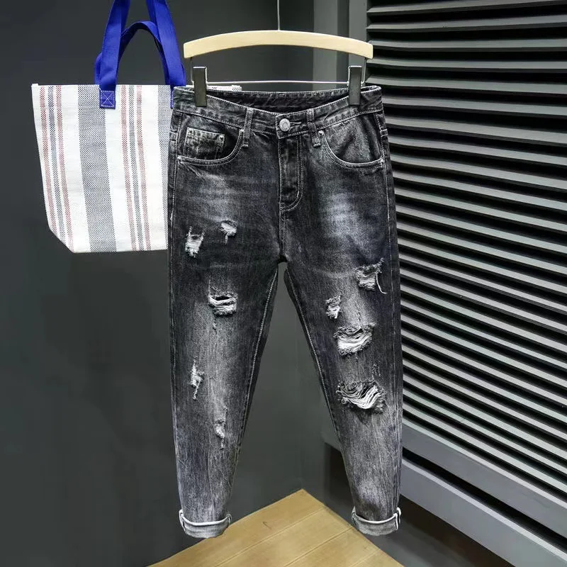 Męskie jeansy retro z dziurami i efektem zniszczenia, luźne, proste, krótkie, w stylu koreańskim, dżinsowe spodnie beggar.