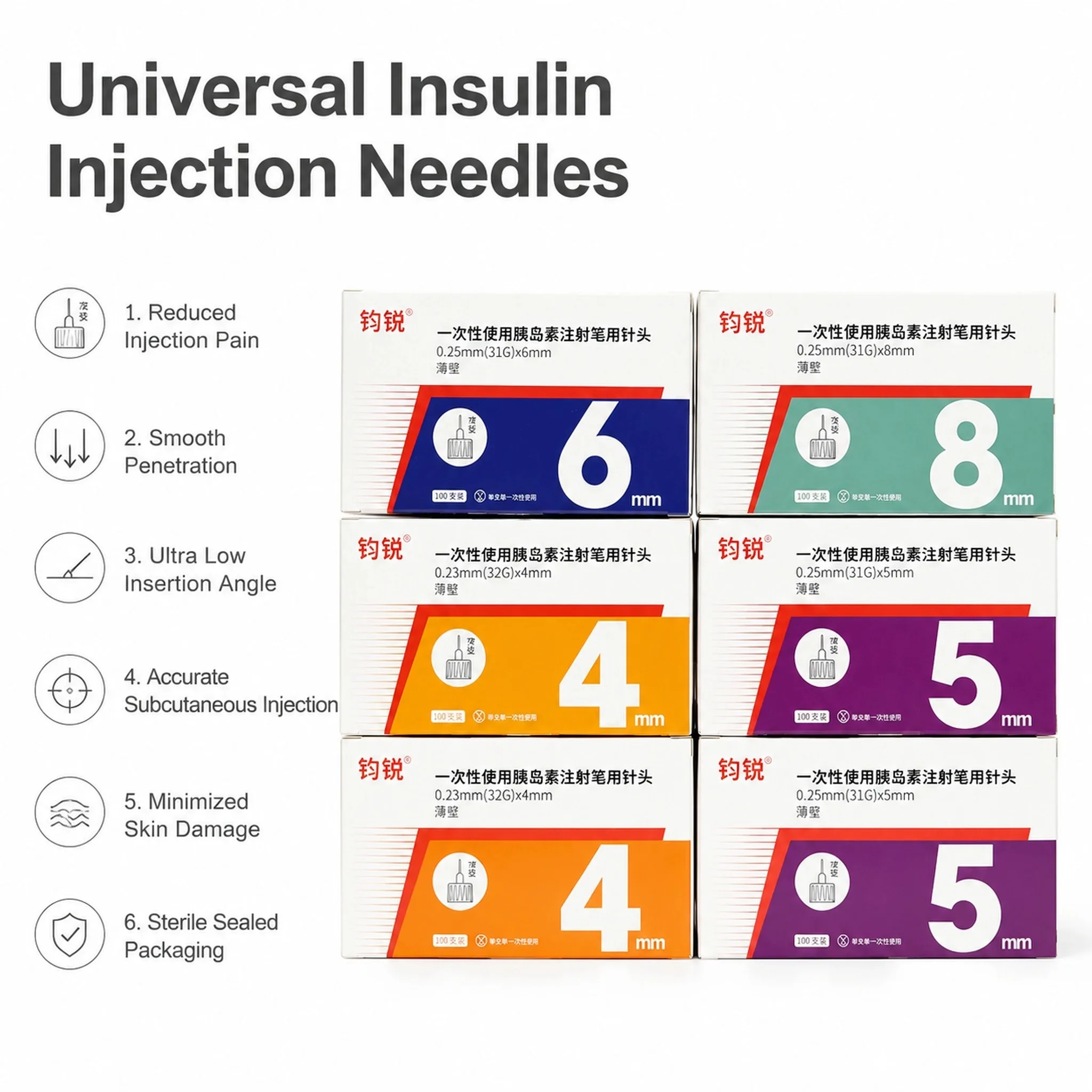 100/200/300Pcs Insulin Cartridges for Lilly Insulin Injection Pen Individual Packaging Medical Insulin Pen Tip 4mm 5mm 6mm 8mm