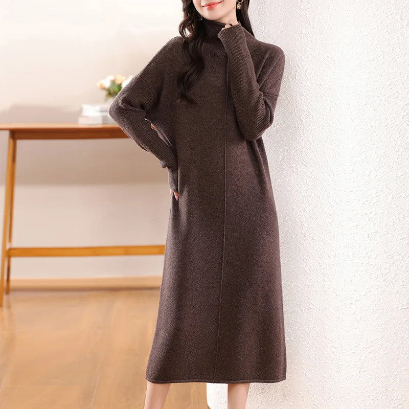 Curling Turtleneck Wide Version Overknee Dress Stylish Sense 24 Autumn and Winter New Wool Ladies Dress