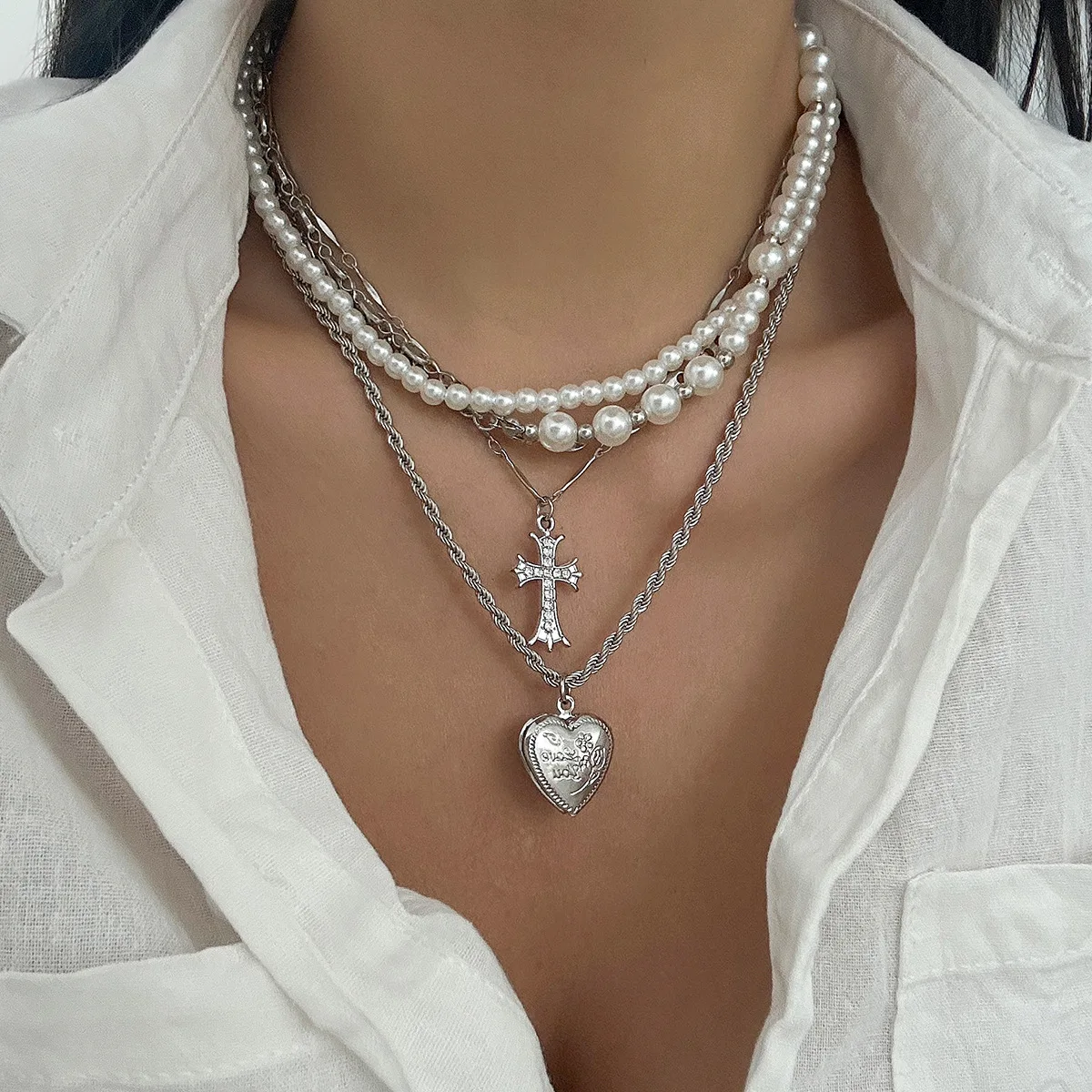 Multi Layer Faux Pearl Choker Cross Pendant Necklace for Women Autumn Winter Heavy Craftsmanship Elegant Daily Silver Tone