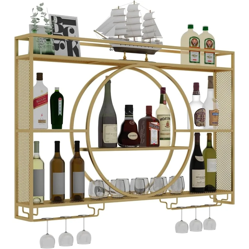 

Modern Wine Storage Rack Wall Mounted With LED Light With Wine Glass Holder,Iron Bar Liquor Shelf,Floating Wall Wine Shelves