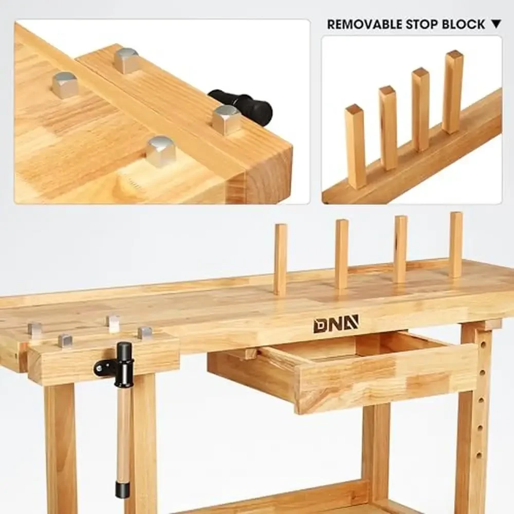 Bancada de madeira com gaveta alça ajustável materiais de madeira de borracha 59,8 "L x 20" L x 33,66 "H armazenamento de ferramentas de garagem de oficina