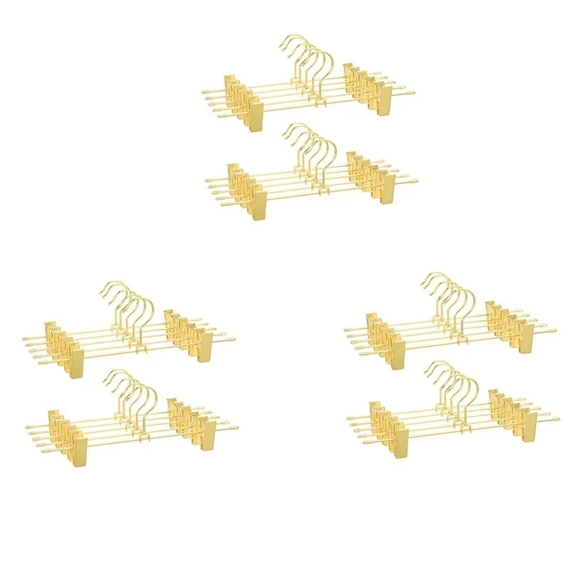 

Custom Pack Metal Heavy Duty Pants Skirt Hangers Shiny Gold Trousers Hangers with 2 Adjustable Non Slip Clips Rack Swivel Hook