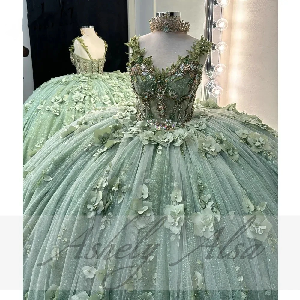 Customized Mint Green Mexican Swee 15 Year Girl Quinceanera Dress 3D Flower Lace Up Ball Gown Women Prom Birthday Party Dress 16