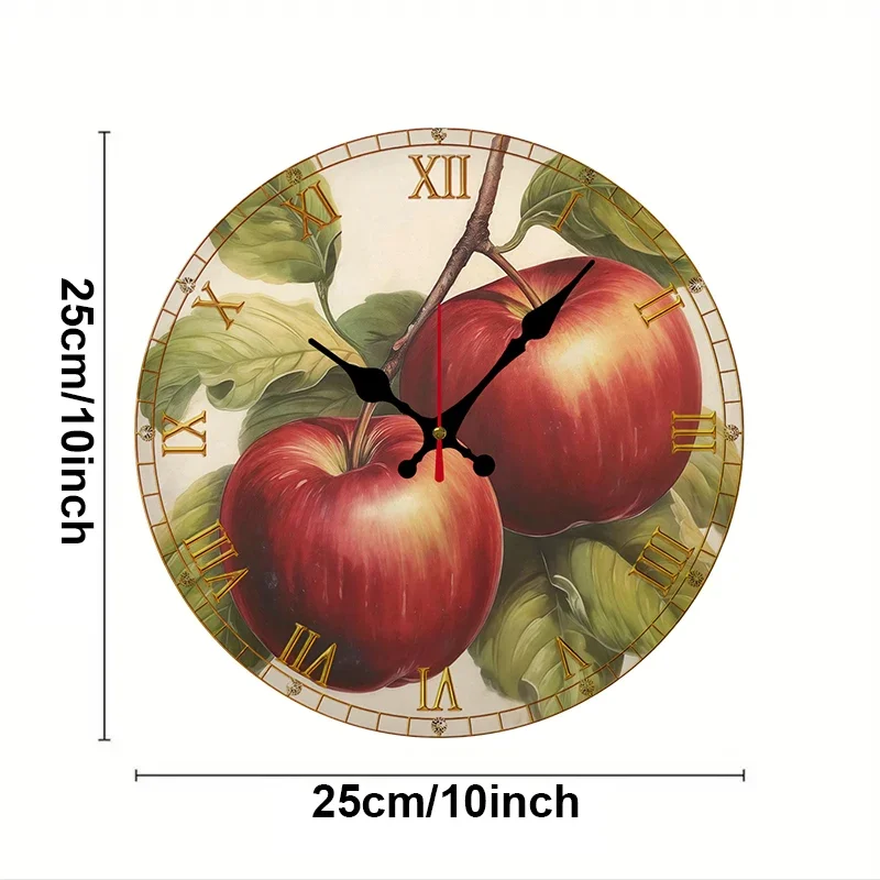 Red Apple Roman Wooden Round Silent Hanging Wall Clock, Suitable For Living Room, Office,Study Room, Bedroom,Home Decoration.