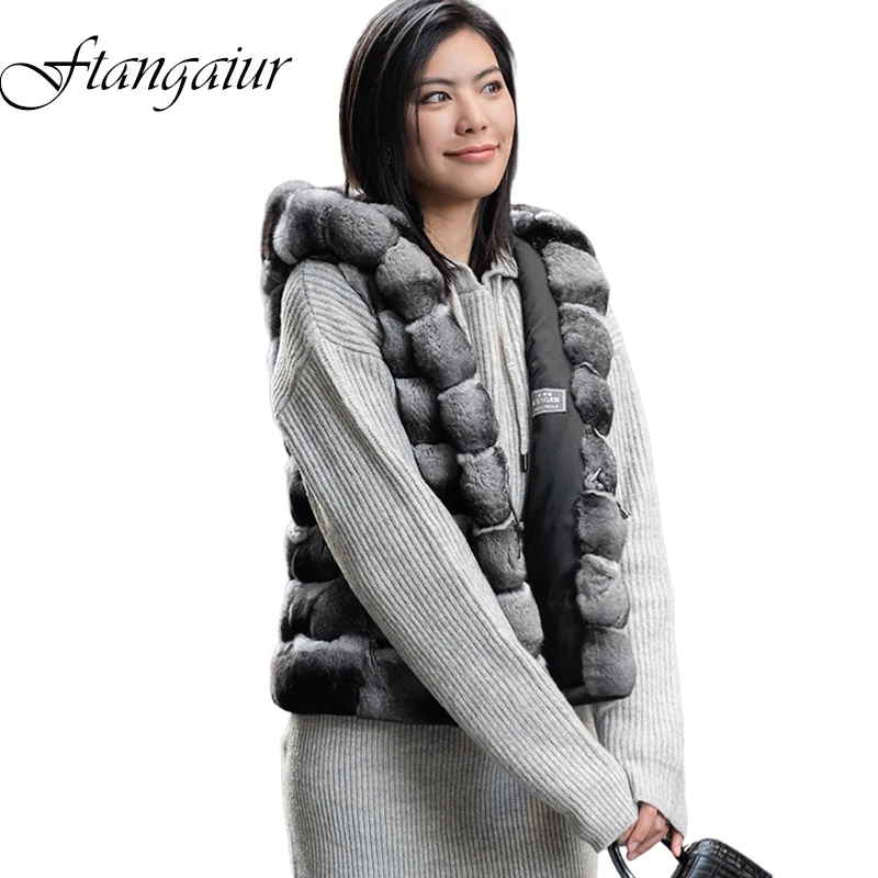 Ftangaiur Winter Import Cyan Blue Chinchilla Vest Coat With Fur Hood Women Short Upscale Natural Color Chinchilla Fur Vest Coats