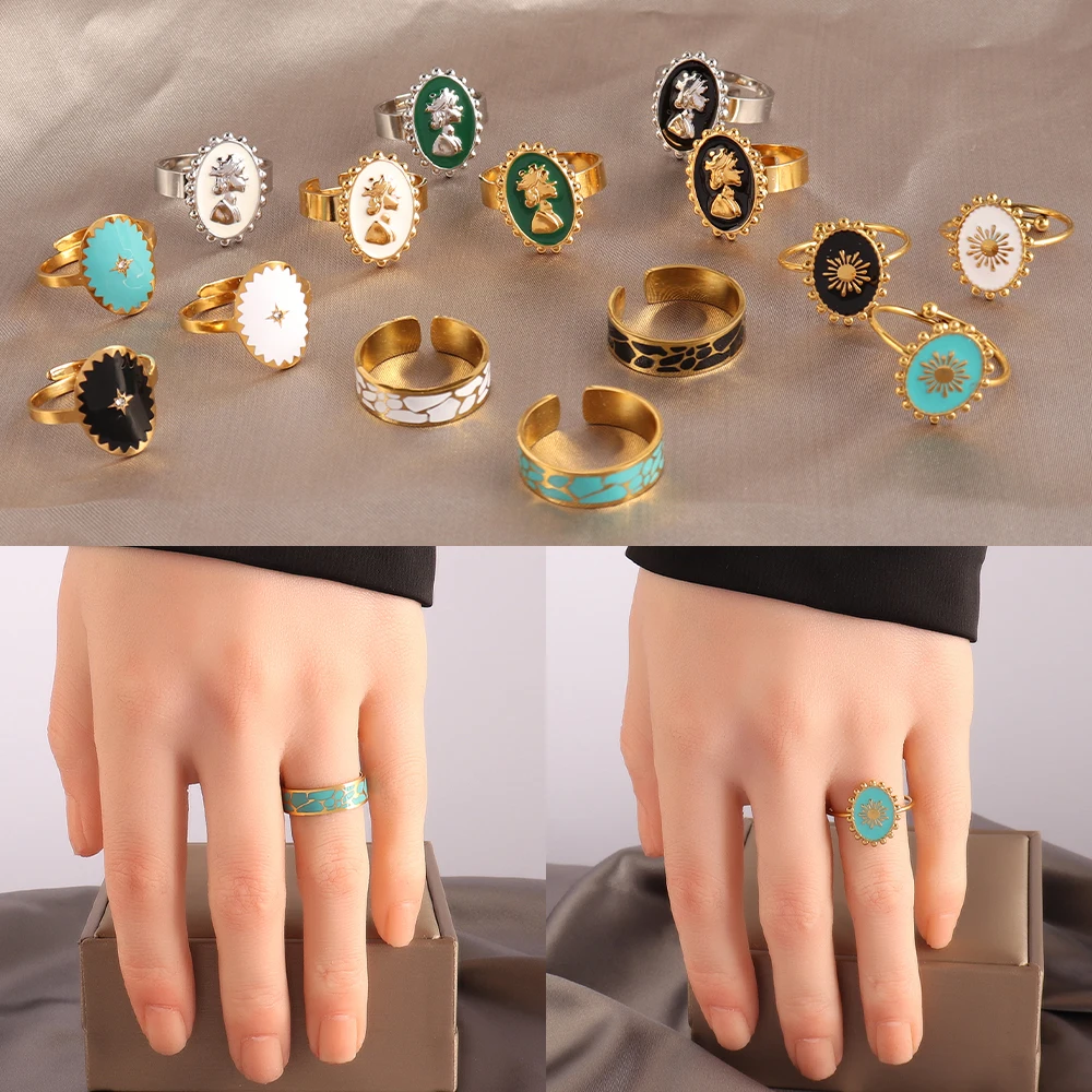 Stainless Steel Rings Open Rings For Women Rings Wide Ring Colorful Geometry Chain Female Rings Jewelry Party Gift Wholesale