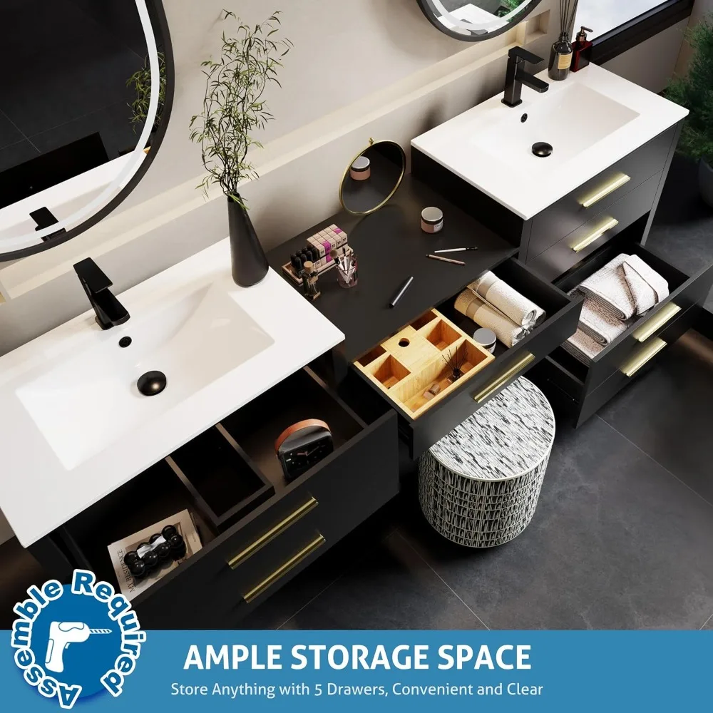 84" Bathroom Vanity with Sink Combo, Modern Painted Vanities Cabinet with Middle Makeup Vanity Desk, 5 Drawers