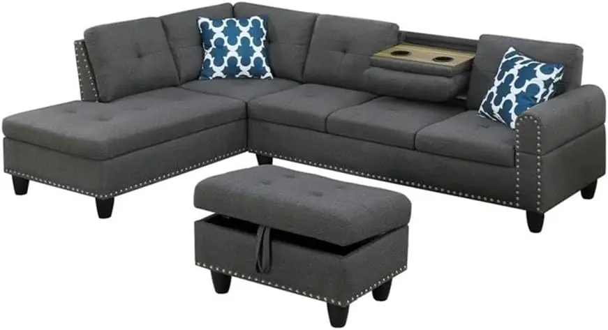 

Living Room Polyester Fabric Sectional Sofa with Lift-top Storage Ottoman Tufted Design in Gray Finish 67 x 99.5 x 32 inches