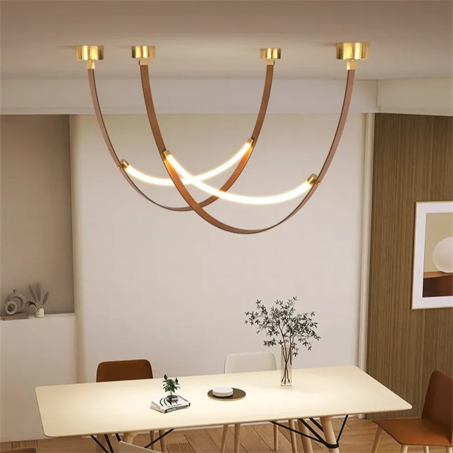 Nordic Art Line Belt Led Pendant Light Long Strip Leather Suspension Dining Bedroom Bedside Chandelier Bar Counter Hanging Lamp