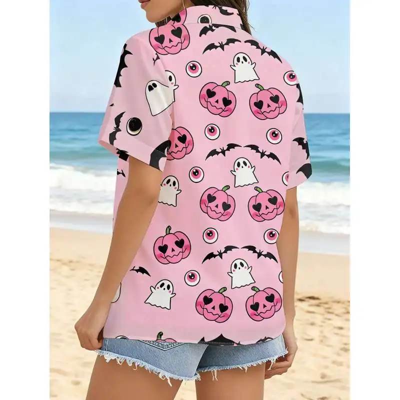 Women's Casual Short Sleeve Shirt with Pink Base All-Over Pumpkin Bat Ghost Halloween Pattern Button-Up Top Machine Washable