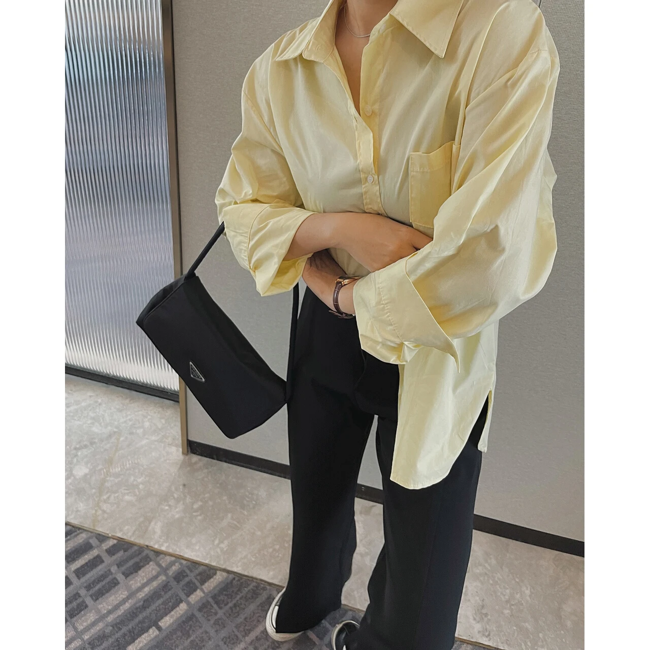 2022 Woman Oem Yellow Oversize Pocket Blouses Shirts Clothing Korean Fashion Tops Chic Elegant Demi-Season New Y2k T-shirt Crop