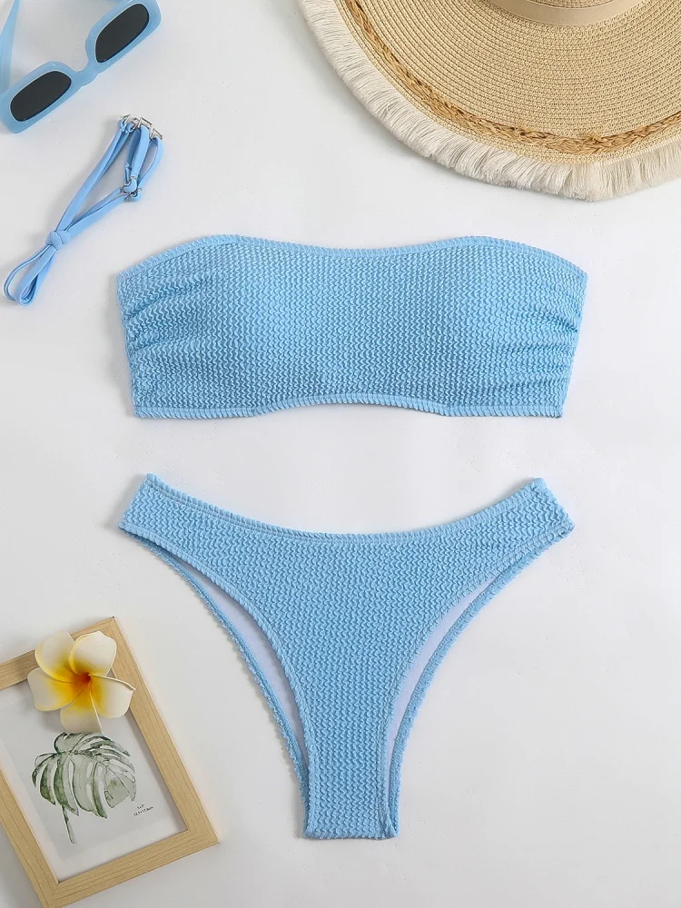Bikini Women Swimsuit 2026 New Solid Ribbed Tube Top Bikinis Set Sexy High Waist 2 Piece Set Swimwear Summer Beach Bathing Suit