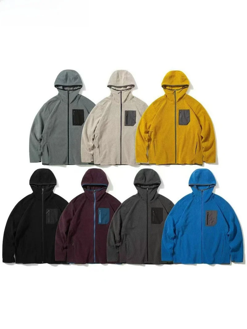 

Unisex Outdoor Sports Fleece Jacket Wave Pattern Windproof Warm Spring Autumn Couple Style Casual Outerwear Hooded Zipper
