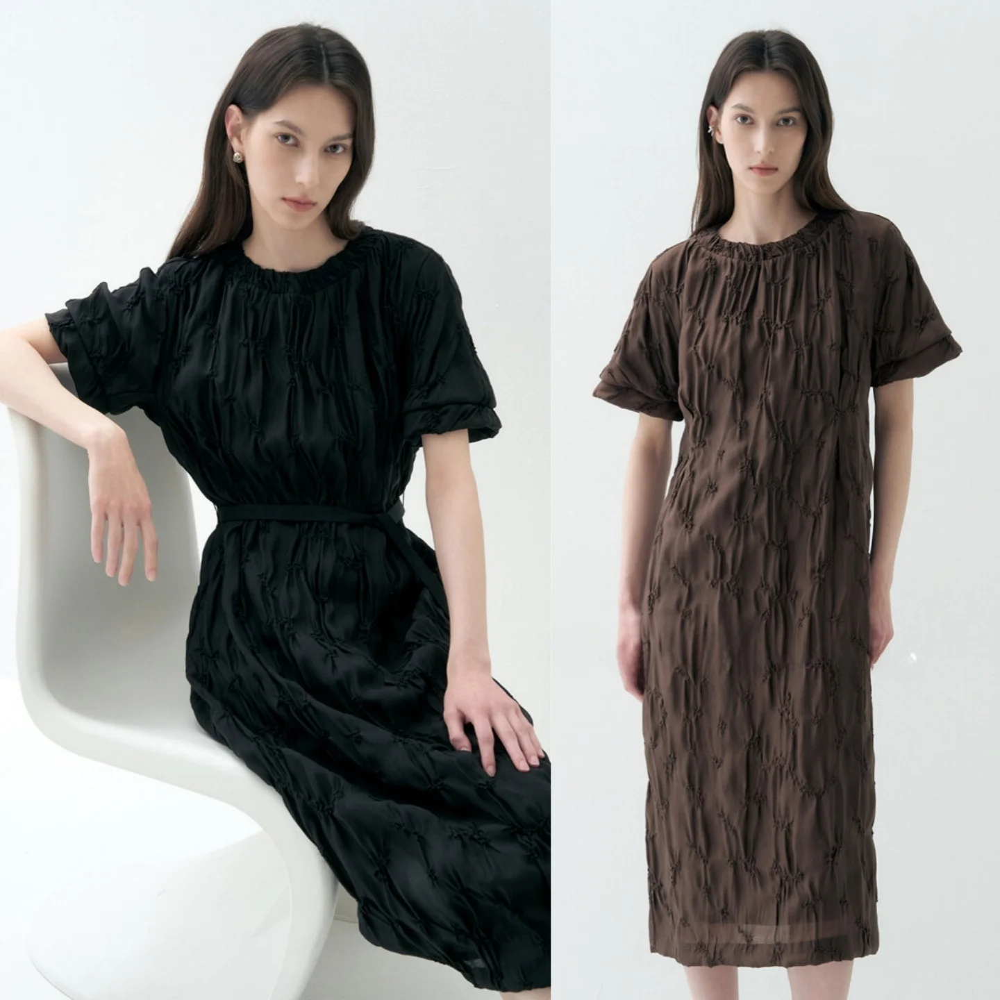 

Folded Texture Dress Removable Waist Belt round Neck Collar Commute Slim Long Dress Korean Style Loose Waist Short Sleeve