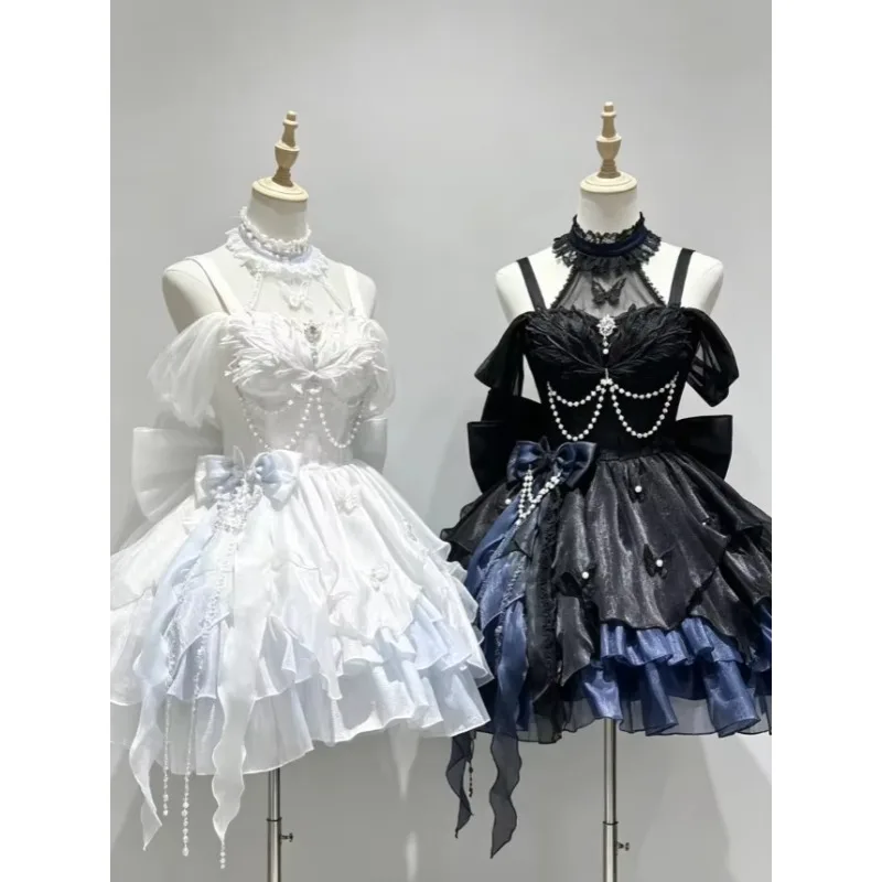 Französisches Elegantes Vintage Gothic Lolita Kleid Set Damen Harajuku Y2k Schleife Rüschen Partykleid Weibliche Koreanische Beliebte Kleidung Sommer