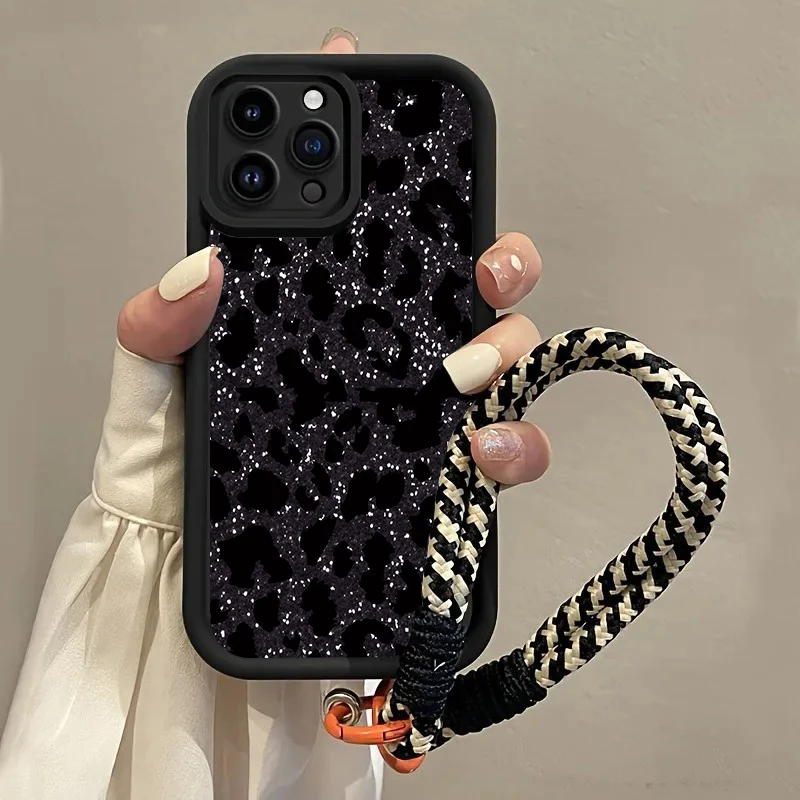 Black Spotted Leopard Hang Strap Phone Case For Samsung Galaxy Note 20 S23  S26 Plus S24 S23 FE S23 S24 S25 S24 S25Ultra Cover
