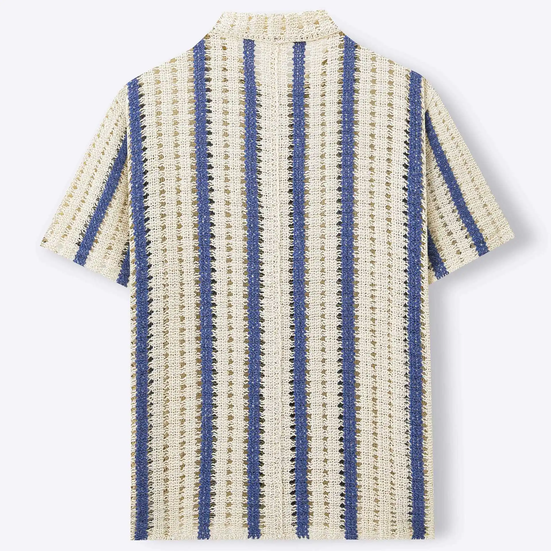 Men's fashion European and American style men's pure cotton hollow hook flower knitted shirt striped cardigan polo shirt top