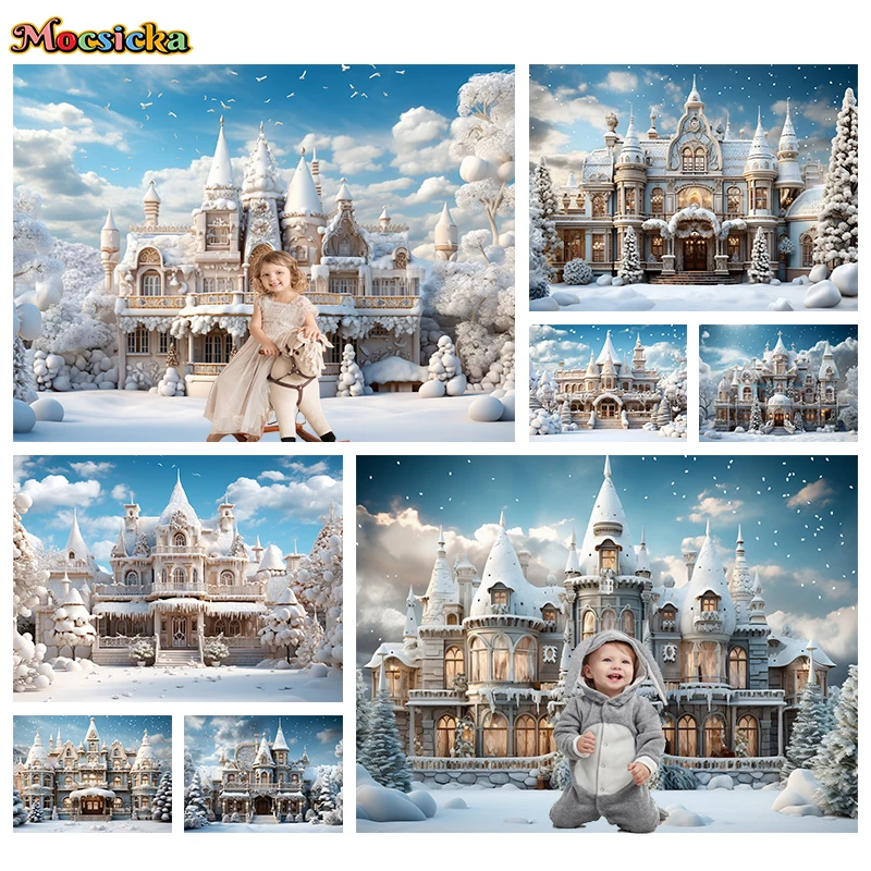 

Mocsicka Winter Castle Photography Backdrops Snow Christmas Decorations Baby Shower Photo Backgrounds Wallpaper Photobooth Props