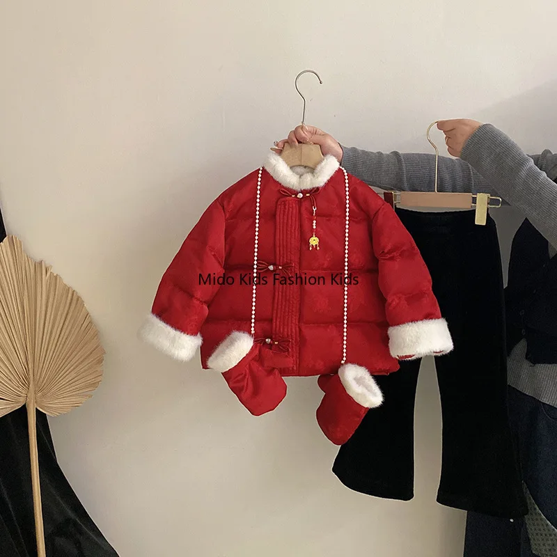 Kids Chinese Style Fleece Top with Flared Pants Winter Outfit Thickened Cotton Two Piece Set for Girls