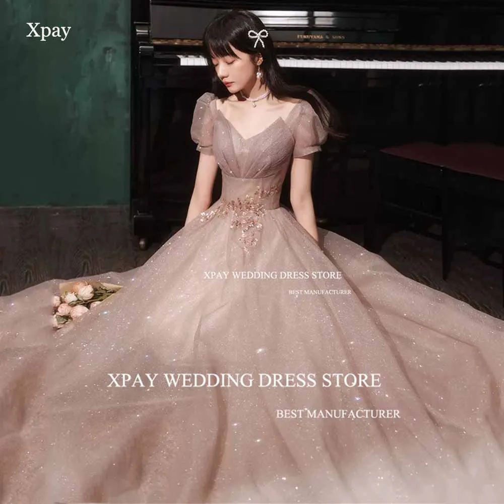 

XPAY Elegant Blush Pink Korea A Line Evening Dress V Neck Corset Backless Formal Prom Gown Photo Shoot Lace Wedding Party Dress