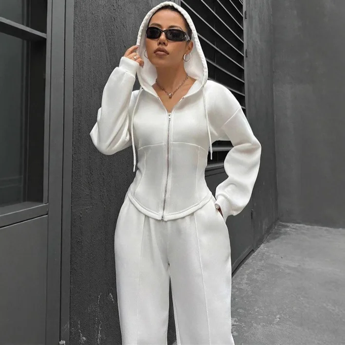 2025 New Fashion Zipper Giacca sottile con cappuccio + Pantaloni a gamba larga Set da due pezzi Donna Autunno Casual Top e pantaloni Abiti per le donne