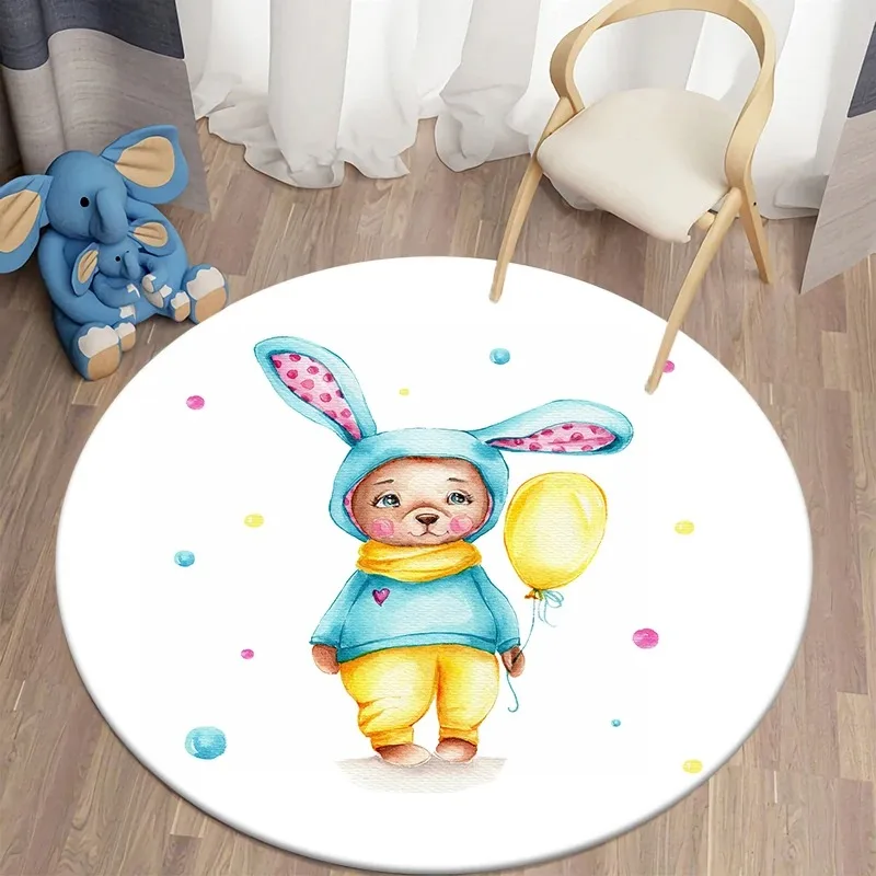 Cartoon bear print children's carpet kawaii round living room floor mat sponge anti-slip mat home decoration bedroom floor mat