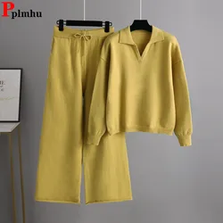 Fall Winter Thick Knit 2 Piece Sets Women Polo Neck Knitwears Pullover Sweater Tops Outfit Casual High Waist Sweatpants Conjunto