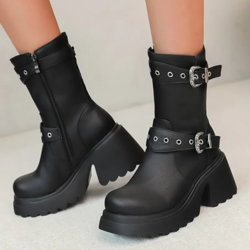 

2025 New Style Women Mid Calf Boots Round Toe Thick Heels 8.5cm Platform 3.5cm Zipper Plus Sizes 43 44 45