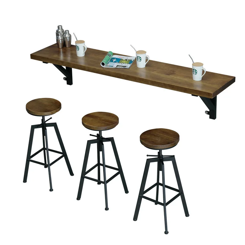 Restaurant table against the wall Simple wrought iron snack bar Solid wood table