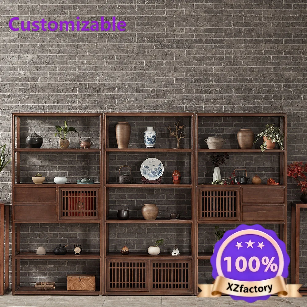 Factory Direct 2026 Top RatedElm Bogu frame, living room partition, solid wood tea cabinet rack, tea room office shelf, porcelai