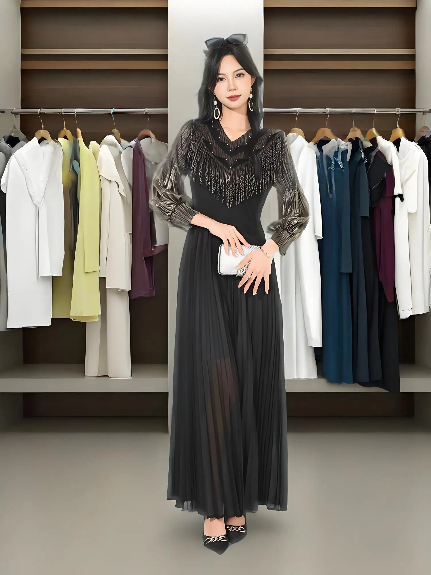 

Miyake Spring and Autumn New Dress Fashionable and Thin Bronzing Horn Sleeves Over The Knee Pleated Big Swing A Word Long Dress