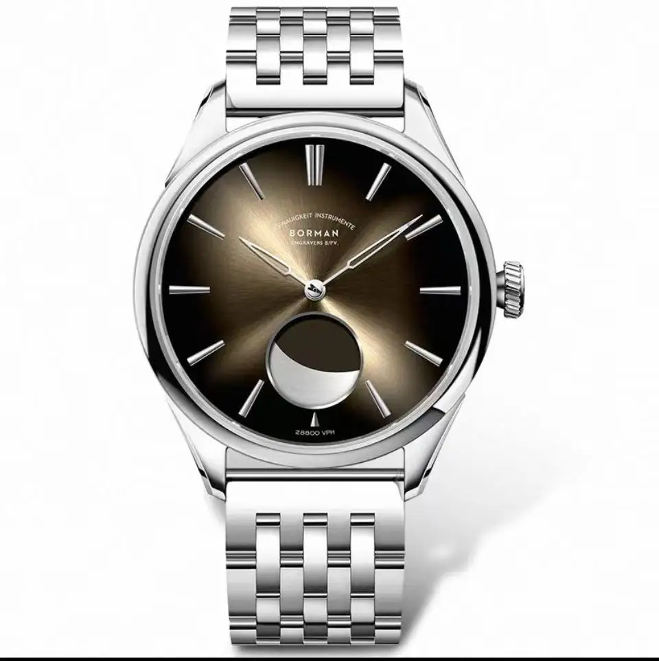 Borman Herren-Automatikuhren, luxuriöse Mondphase, männliche Uhr, mechanische Armbanduhr, modisch, 50 m wasserdicht, Saphir-Lederarmband 4