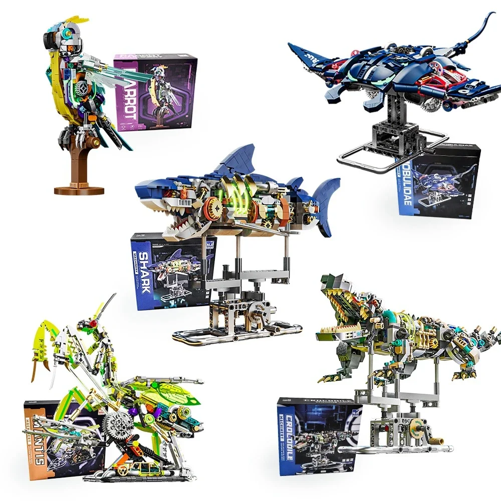 

Механический набор для сборки акулы, морская жизнь, крокодил, попугай, богомол, лягушка, манта-луй, строительные блоки, свет, игрушки для животных, подарок