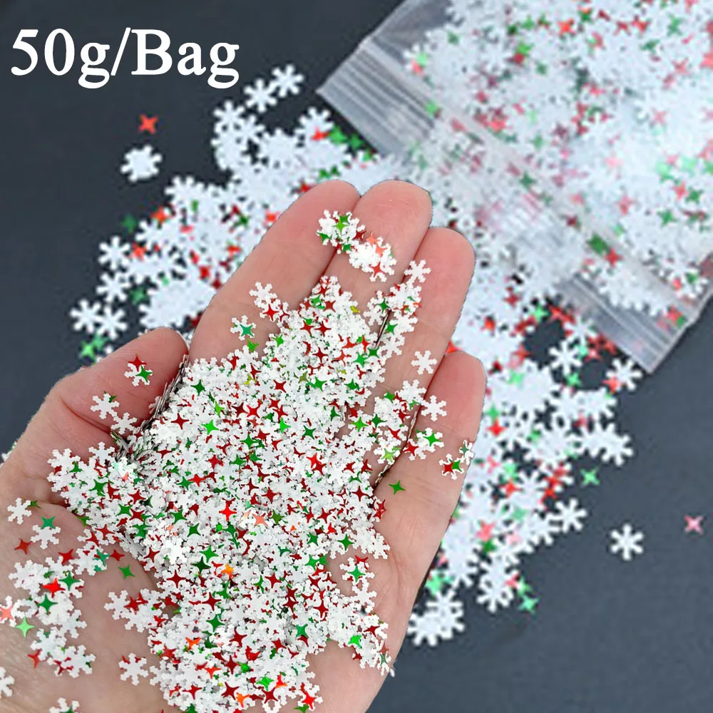 50g 3D Christmas Snowflakes Nail Glitter Sequins Winter Mixed-Design Hollow-Out White Snow Flakes Spangles Xmas Nail Art Decor