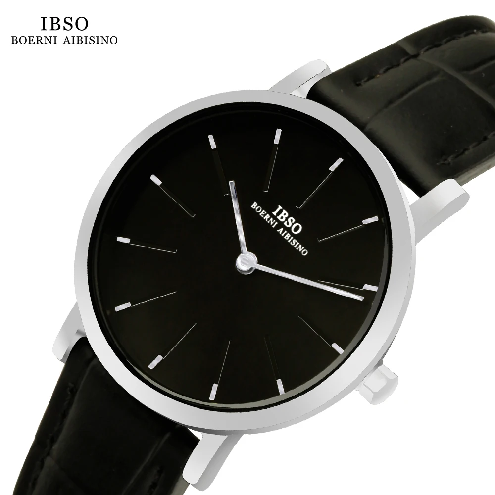 IBSO 2022 New Arrival Women Elegant Quartz Watches S2222L Genuine Leather Strap Full Black Watch Ladies Simple Dial Waterproof