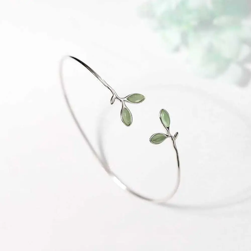 Forest Jewelry Gift Girls Delicate Open Bangle Bracelet Women Bracelet Green Leaf Cuff Bracelet Adjustable Bangle