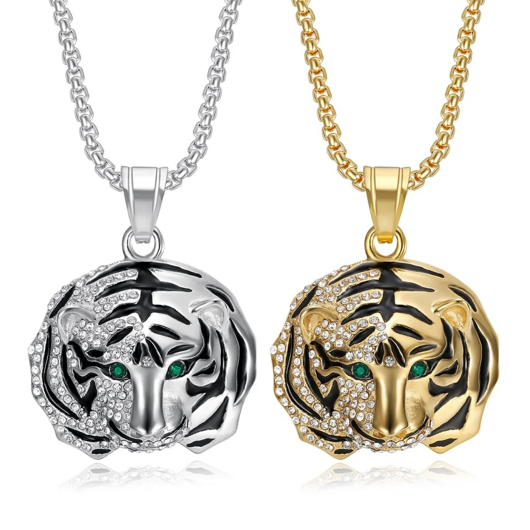 

Hip Hop Iced Out Bling Tiger Head Pendant Gold Silver Color Stainless Steel Crystal Zirconia Necklace for Woman Man Jewelry Gift