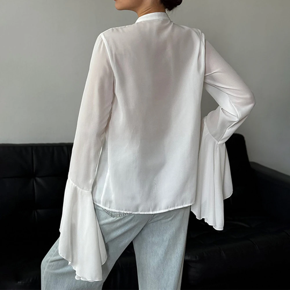 Talenza See-through Ruffle Shirt Top Women\'s White O-Neck Long Sleeve Shirt Casual Single-Breasted Loose Patchwork Shirt Top