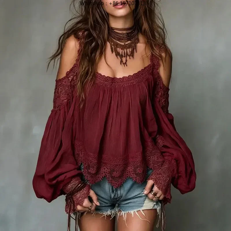 Women Lace Off Shoulder Blouse Lantern Sleeve Loose Pleated Boho Top Summer Solid Beach Casual Shirt