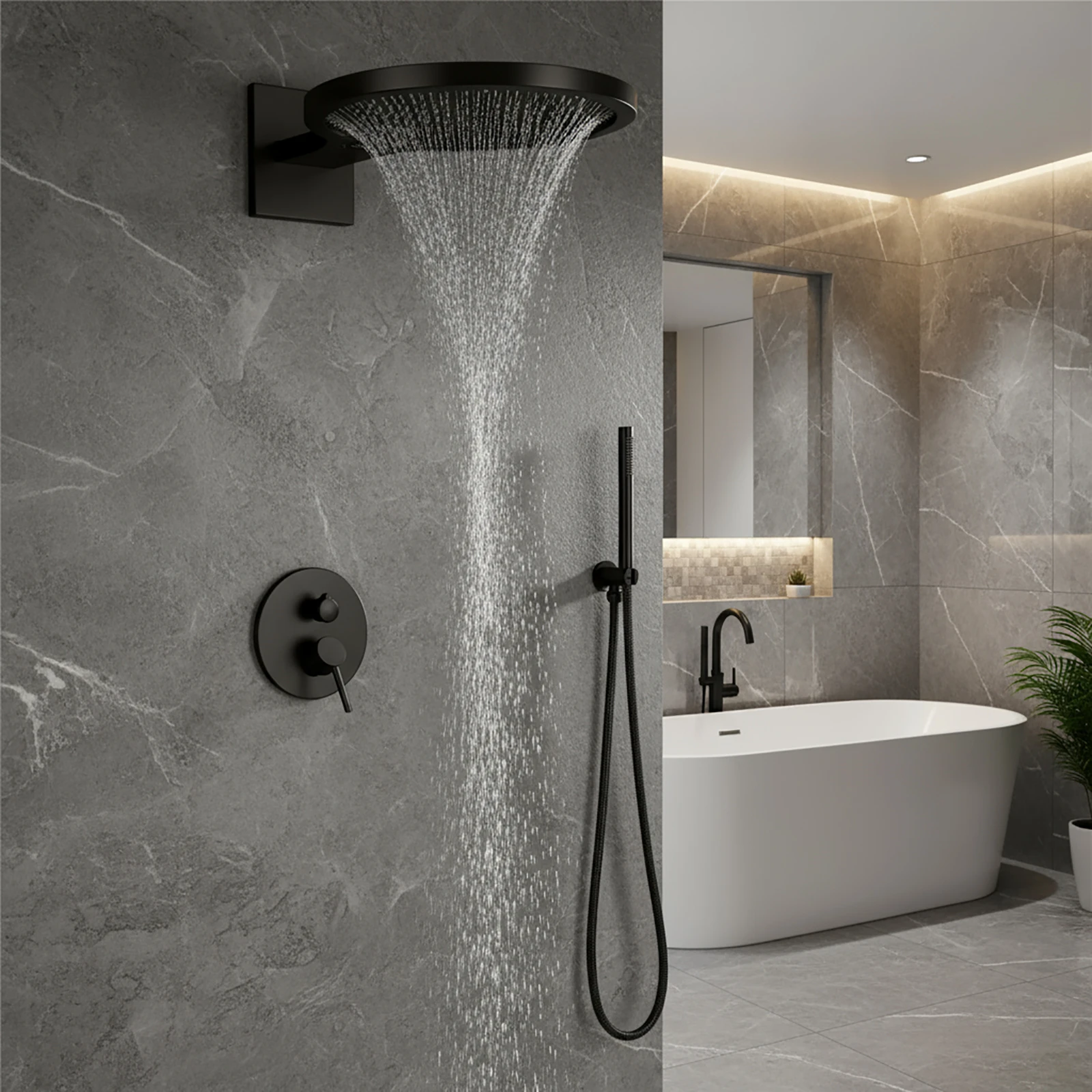 

Qlonn Модный дизайн Набор для горячего и холодного душа - Матовый золотой смеситель для ванной комнаты Смесительный клапан Дождевая и водопадная насадка для душа Массажная система