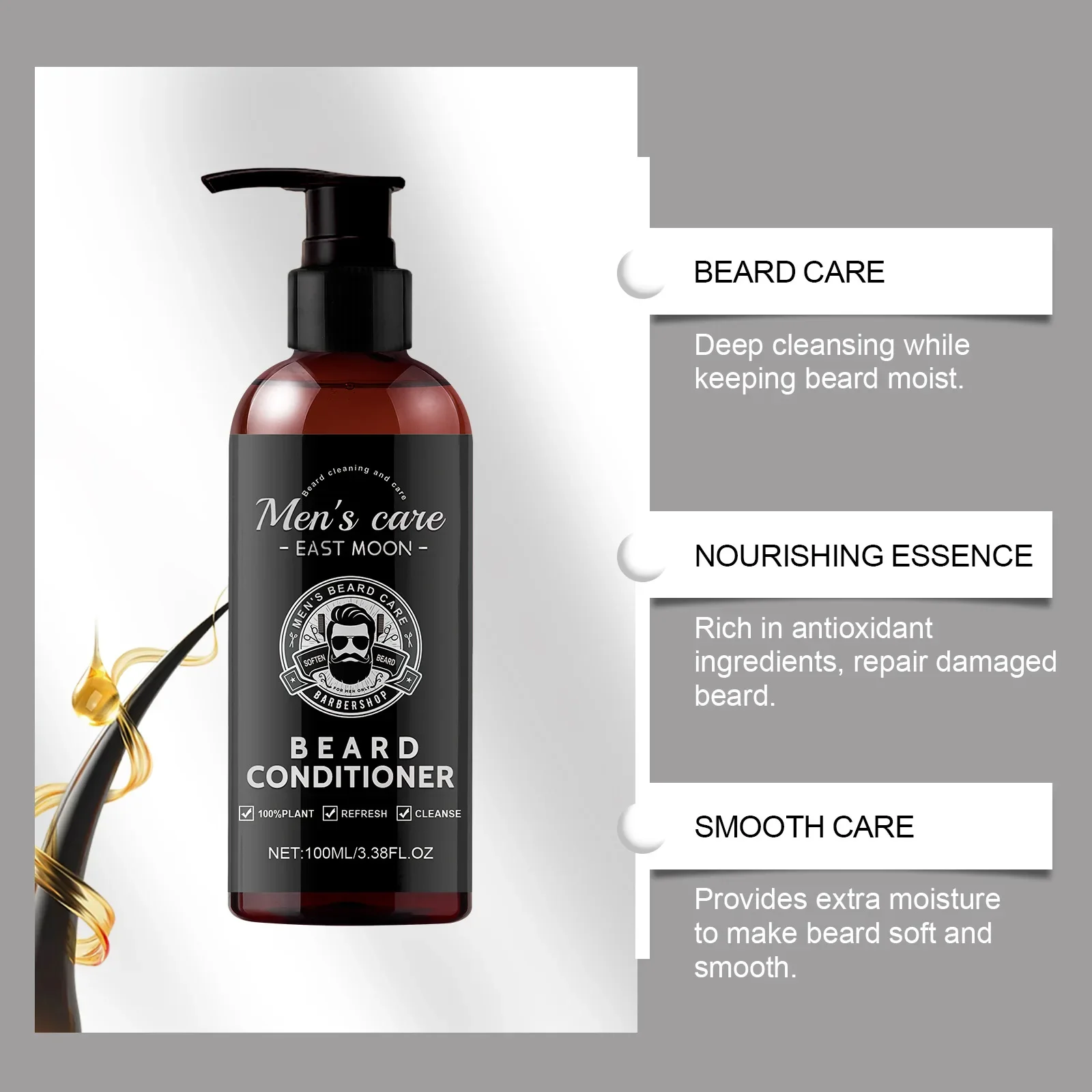 EAST MOON-Après-Shampooing pour Barbe pour Homme, Nourrissant, Hydratant, Réparateur, Bain Frisé, Lisse et Éclaircissant