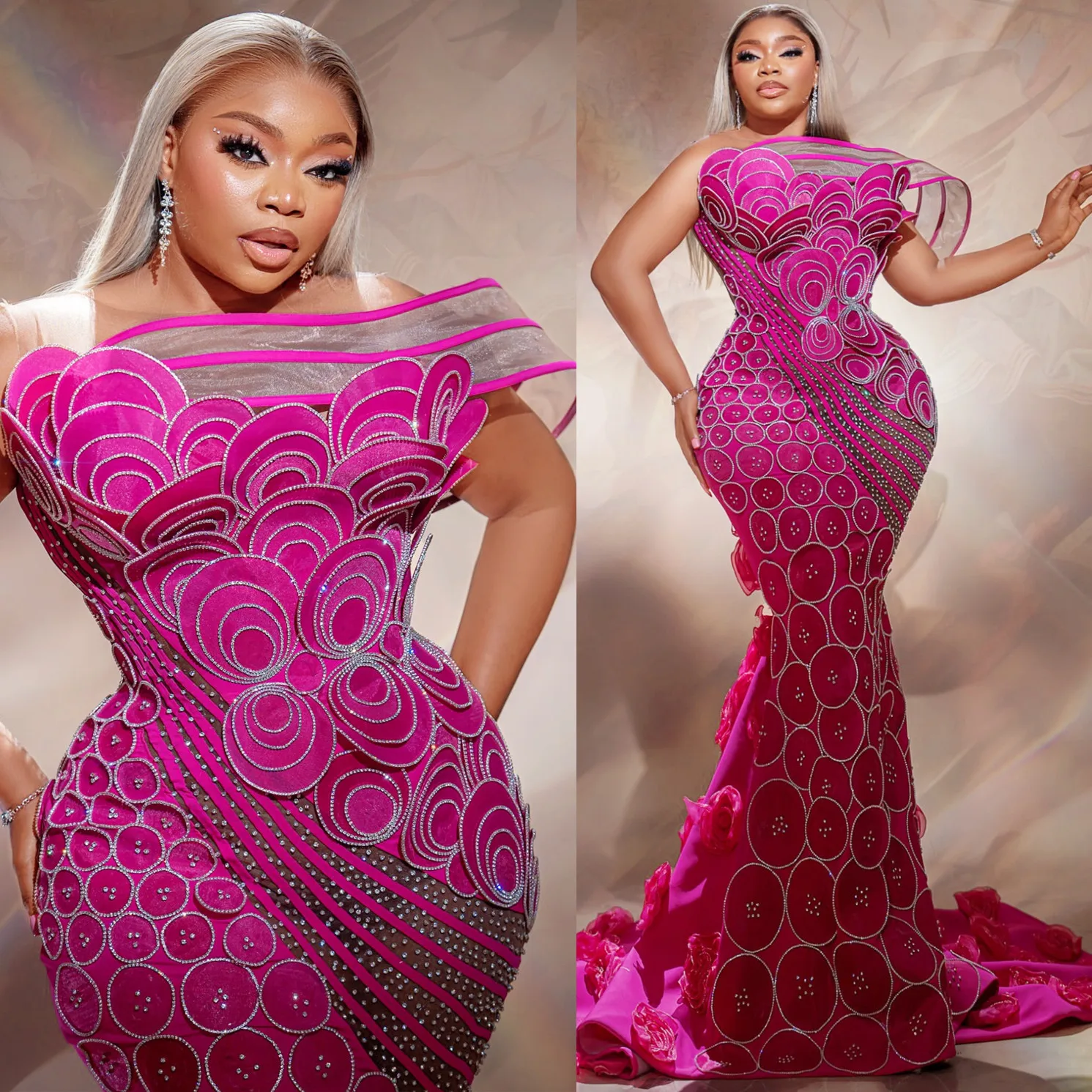 2024 Aso Ebi African Fuchsia Mermaid Prom Dresses Beaded Florals Beads Evening Party Second Engagement Birthday Gowns Dress Z56