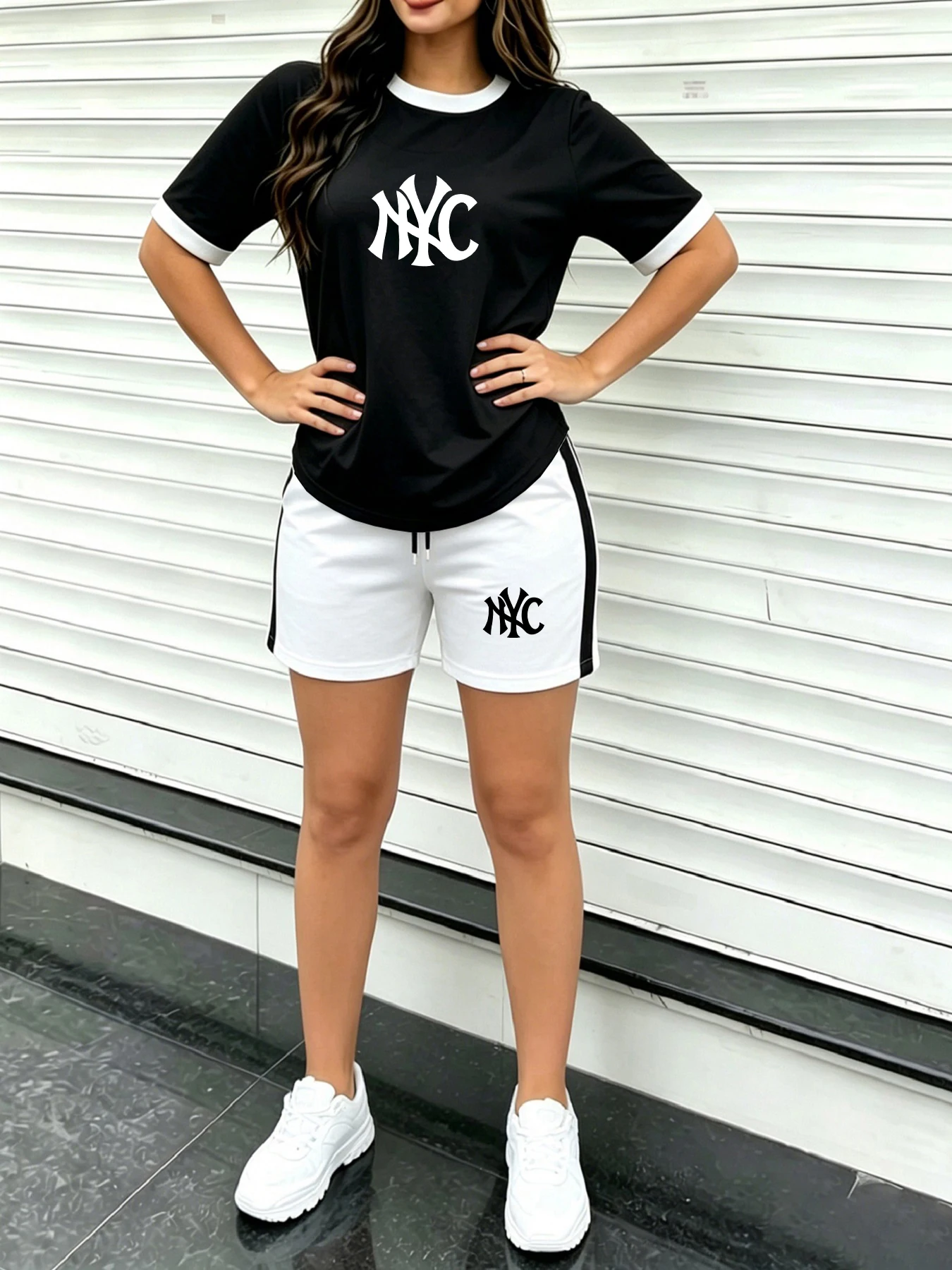 American High Street Style Women's Short-Sleeve Shorts Set, Nyc Letter Print, Color-Blocked Round-Neck Short-Sleeve T-Shirt, Side-Striped Shorts Two-Piece Set, Loose Fit, Everyday Home and Outing Outfit, Urban Trendy Outfit, Summer, Daily Casual Women's Wear