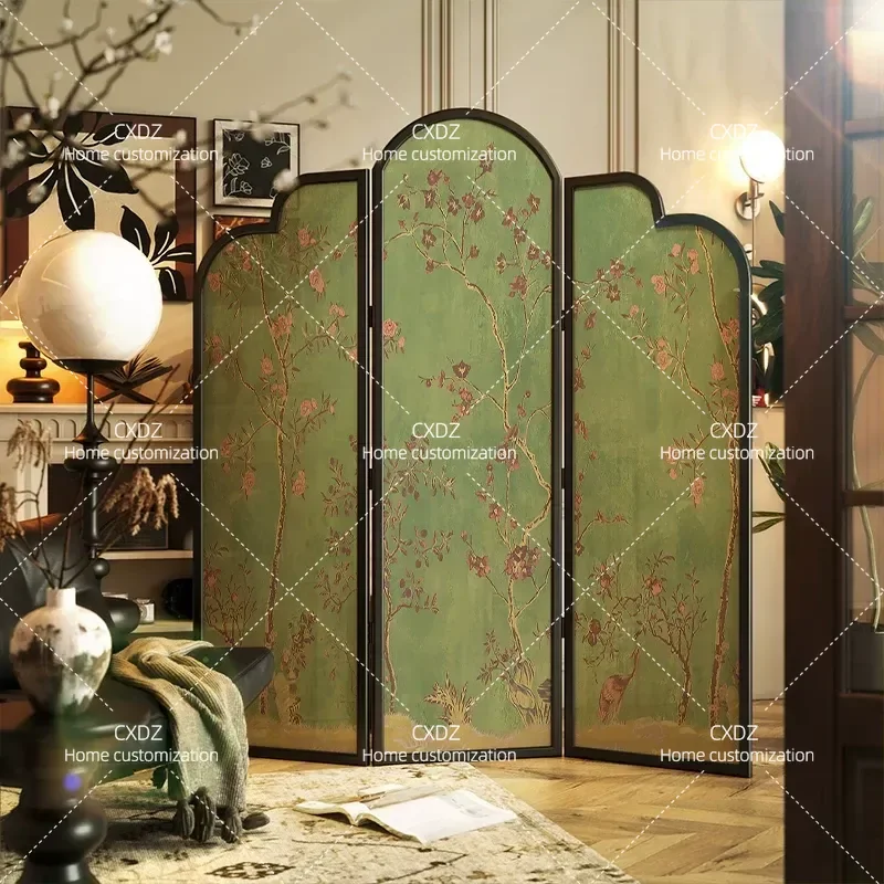French Style Folding Screen Partition for Living Room Entryway Sofa Background Wall Movable Room Divider with Medieval Flower