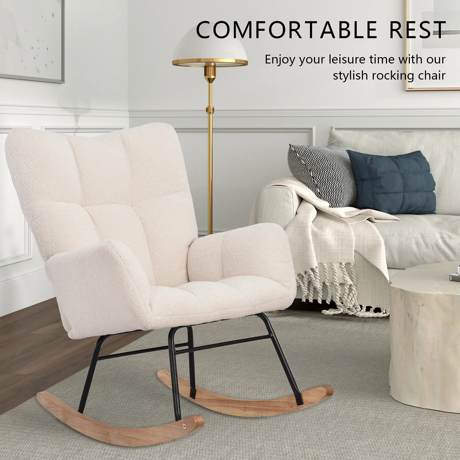 Cosy Teddy Fabric Armchair, Rocking Chair for Adult, Chair for Breastfeeding Relaxing, Home Living Room Furniture, 52.5x88x96 cm