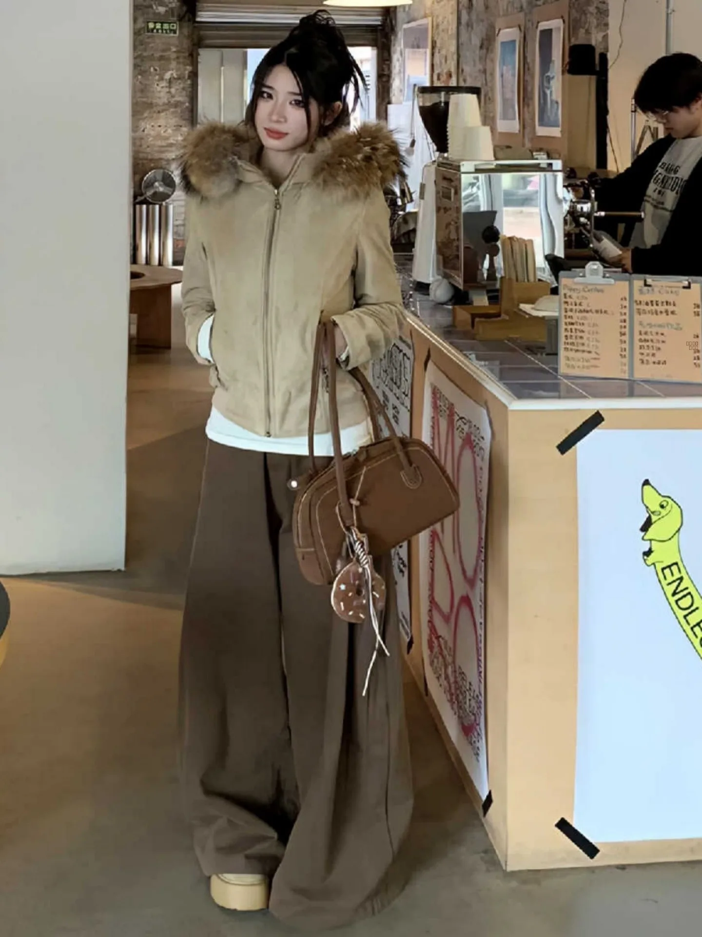 

Korean Sle Fluffy Hooded Jaet Long Sve Trendy Women's Top Warm Casual Sweatirt Faionable Outerwear Coat