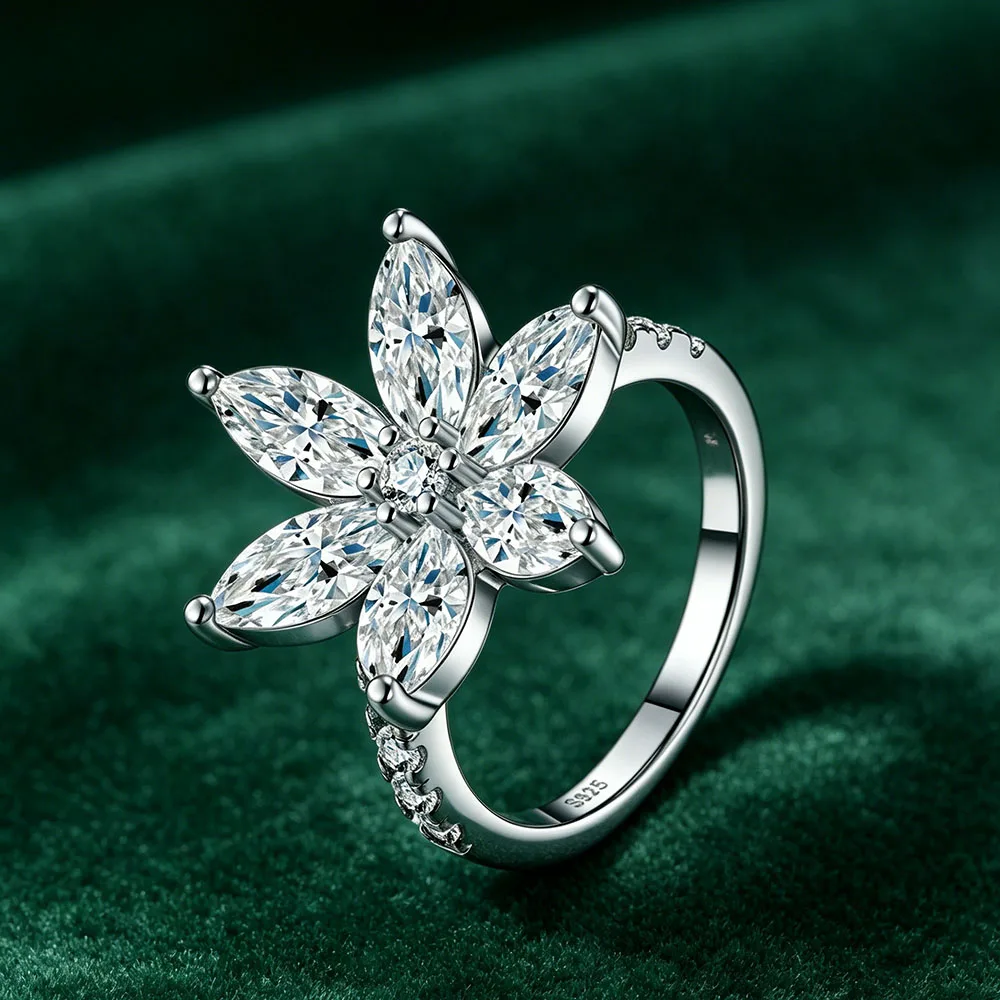 

18K Plated Flower All Moissanite Rings for Women White 925 Silver Anillos D VVS1 GRA Jewelry Famale Wedding Ring Party Gifts
